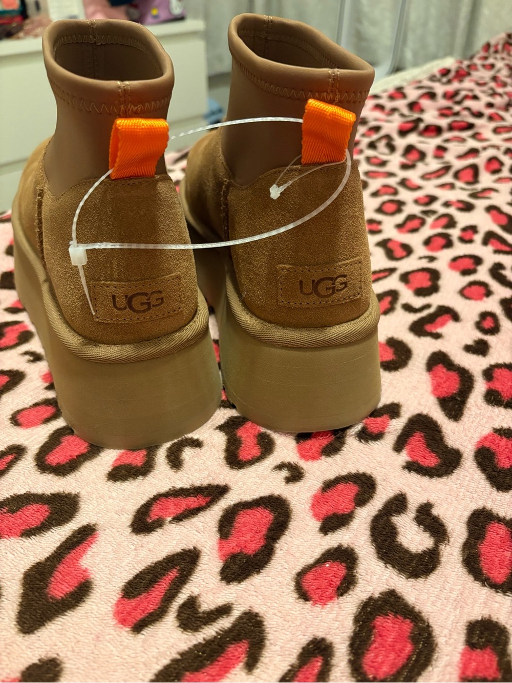 UGG Tan Suede Platform Ankle Boots with Orange Pull Tab